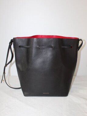 MANSUR GAVRIEL Black Bucket Shoulder Bag Drawstring Saffiano Leather Flamma Red